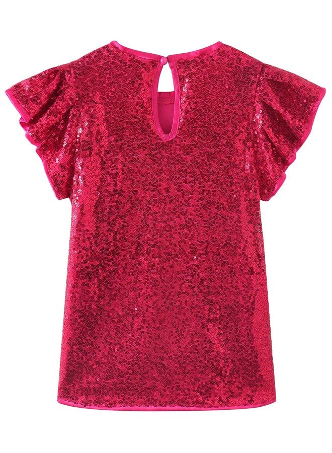 Noomelfish Girls Short Sleeve Sequin Shirts Party Glitter Sparkly Tops Blouse, Hot Pink, Size 11-12 Years - Image 2